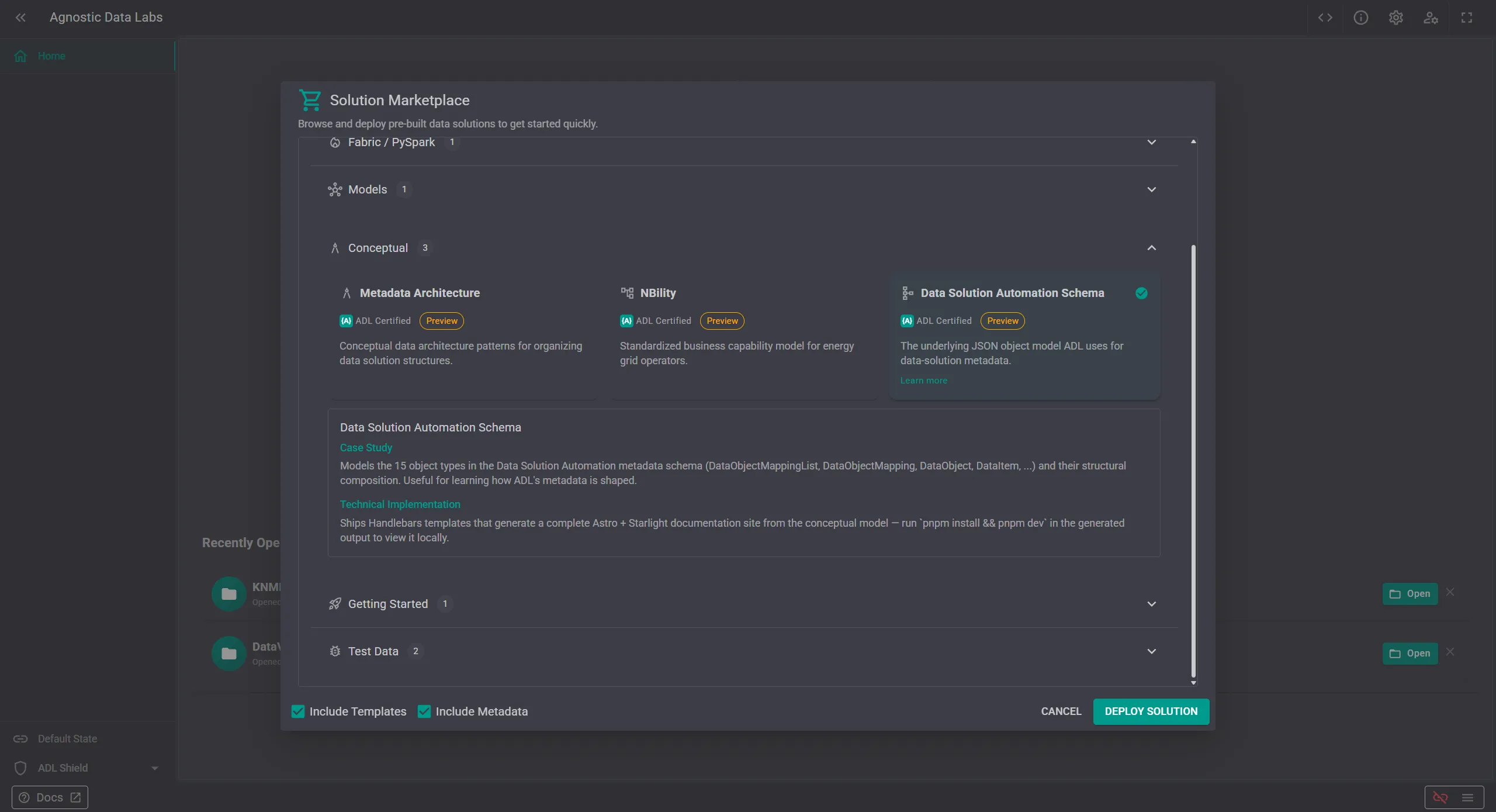 The Data Solution Automation Schema card in ADL's Marketplace under the Conceptual Models group, with Deploy and Open Documentation actions