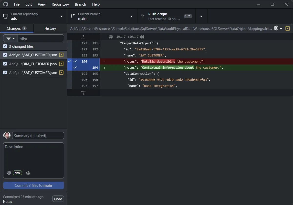 GitHub Desktop showing a metadata change in an ADL project: three JSON files in a SQL Server Data Vault sample solution affected, with a single-line diff on the SAT_CUSTOMER mapping changing the 'notes' field text