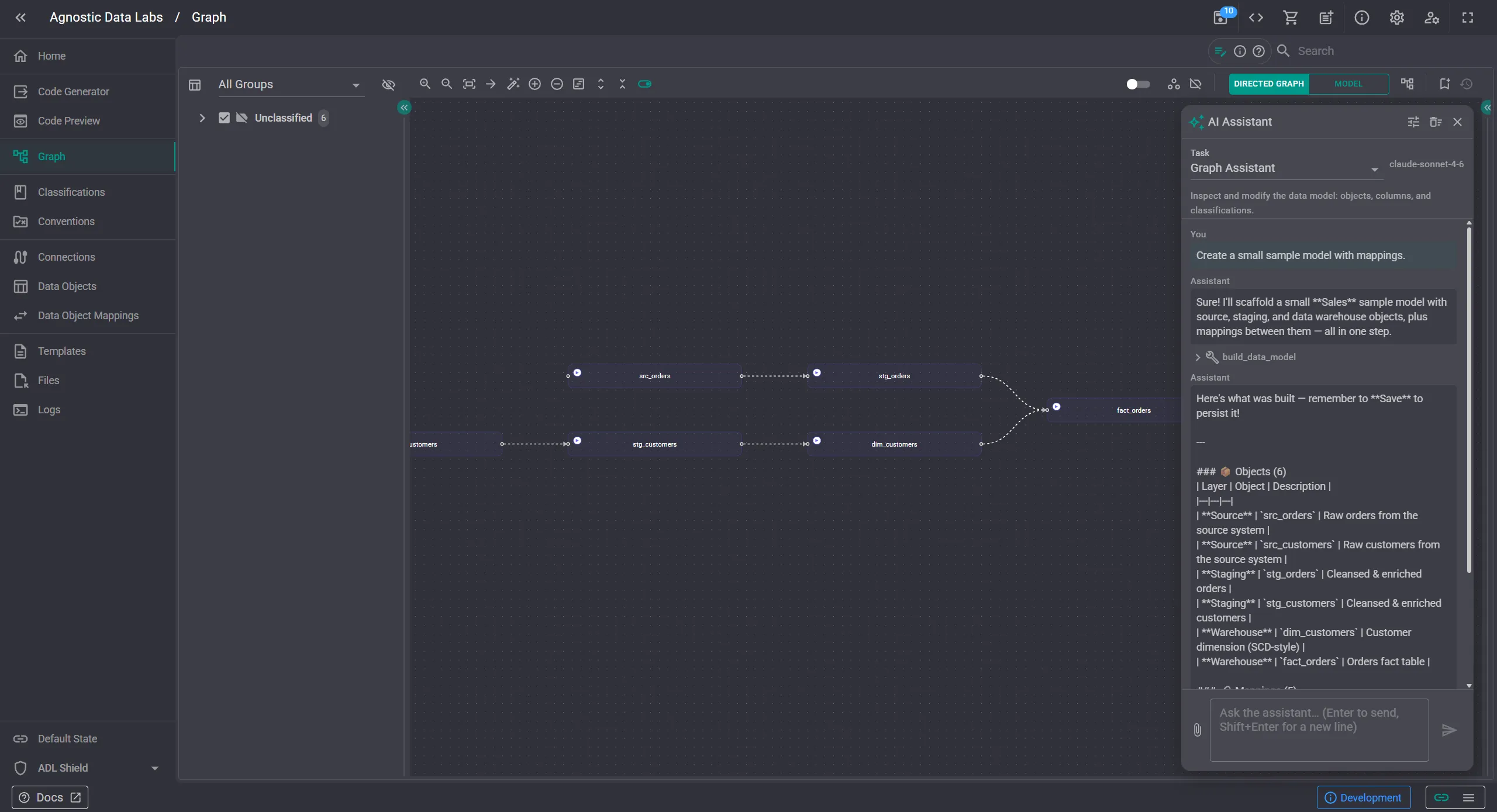 The Graph screen in ADL with the Graph Assistant panel open on the right — the user asked for a small sample model with mappings, and the assistant ran a build_data_model tool call to scaffold a multi-layered warehouse (Source, Staging, Integration, Warehouse) with linked Data Objects in one step
