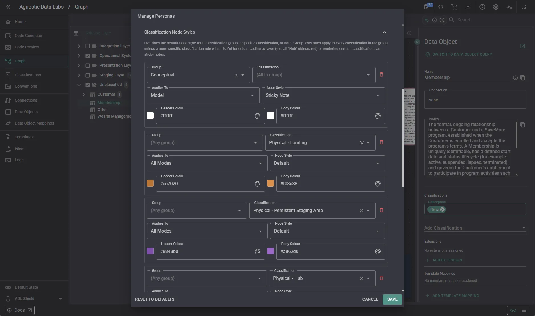 Configuration screen where each classification is mapped to a node style — Conceptual to Sticky Note, Physical layers to Default