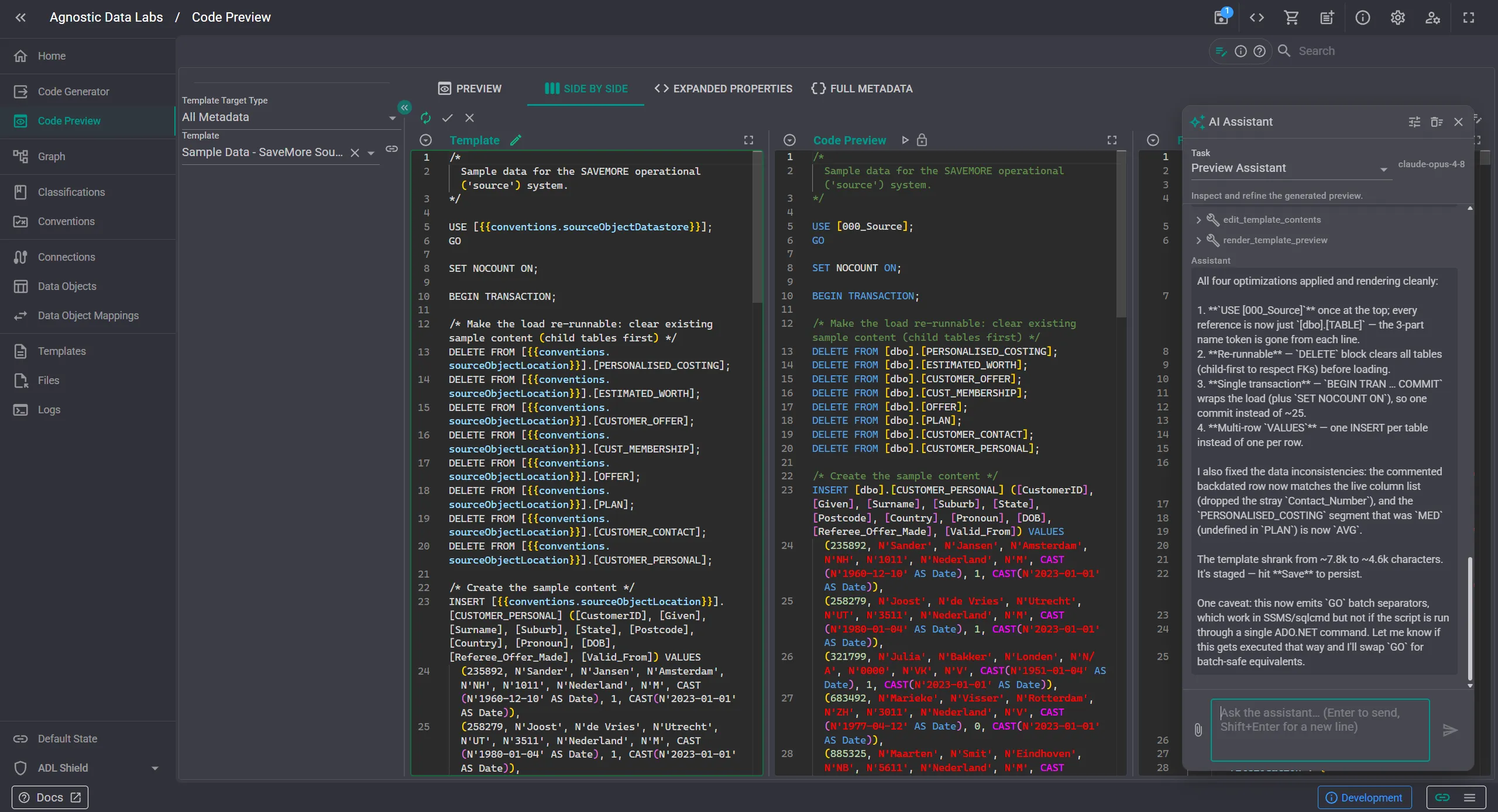 The Code Preview screen with a different scoped assistant (the Preview Assistant) open — two SQL outputs are shown side by side, and the assistant has analyzed the differences and explained them in the right-hand panel