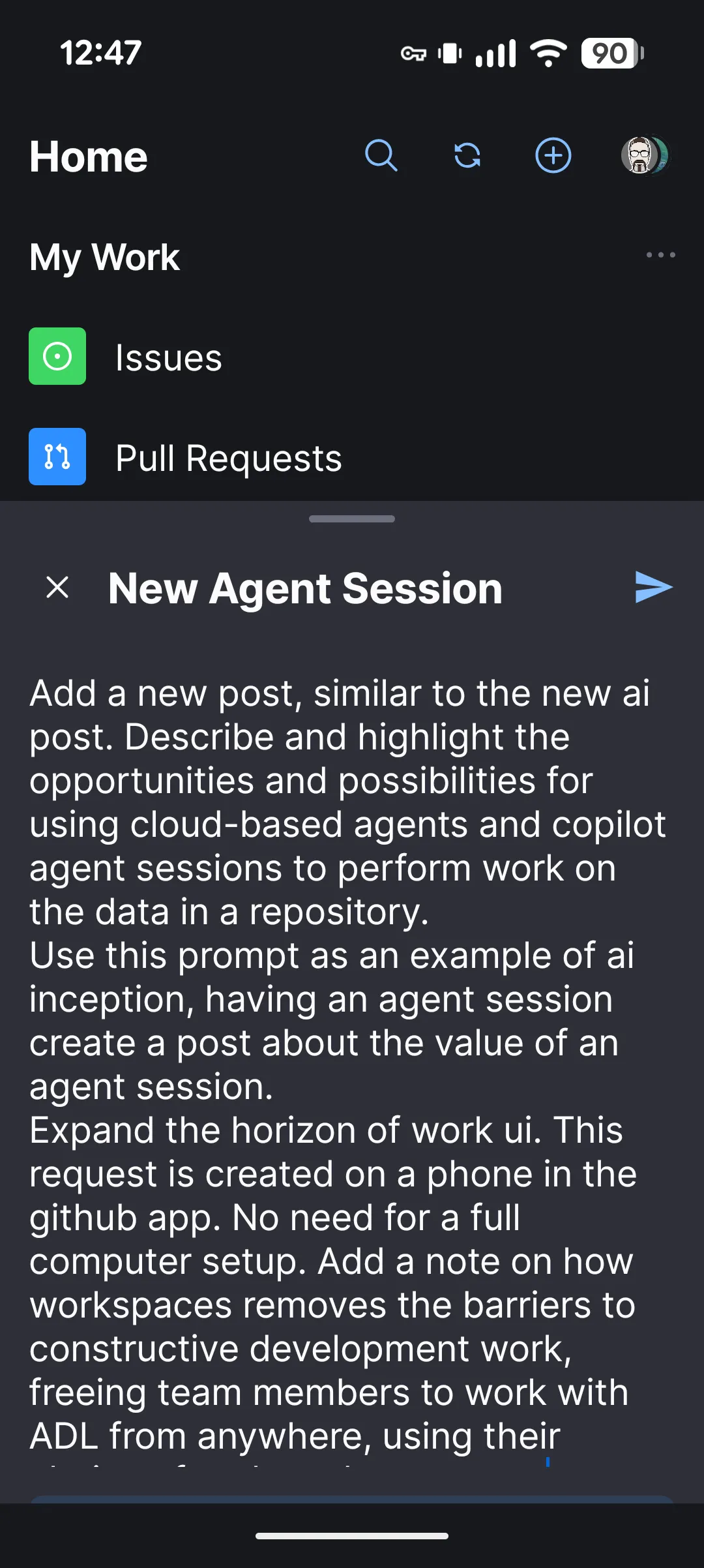 Screenshot of the phone UI, creating a request