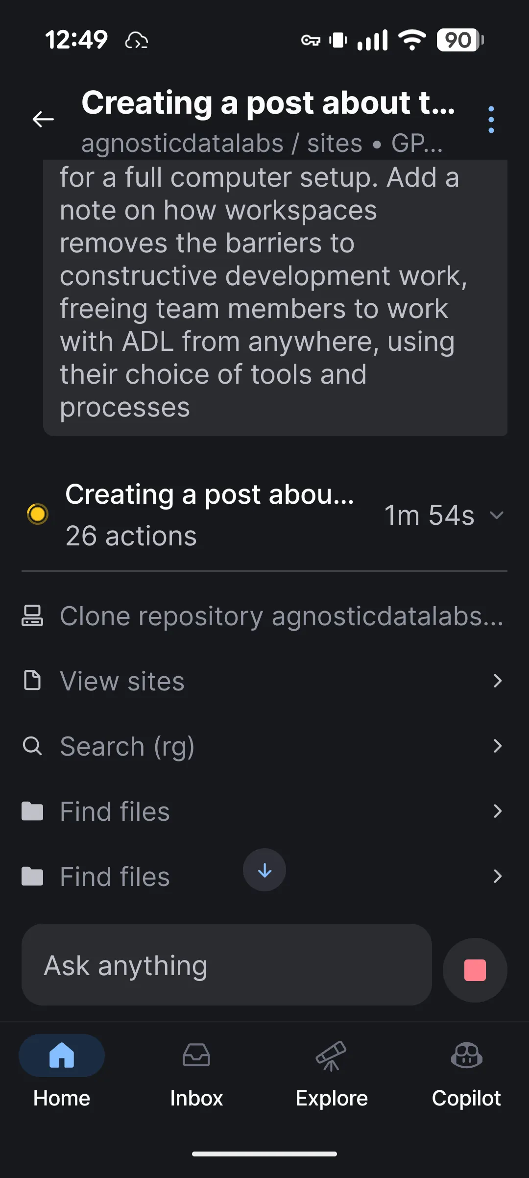Screenshot of the phone UI, showing the agent session in progress