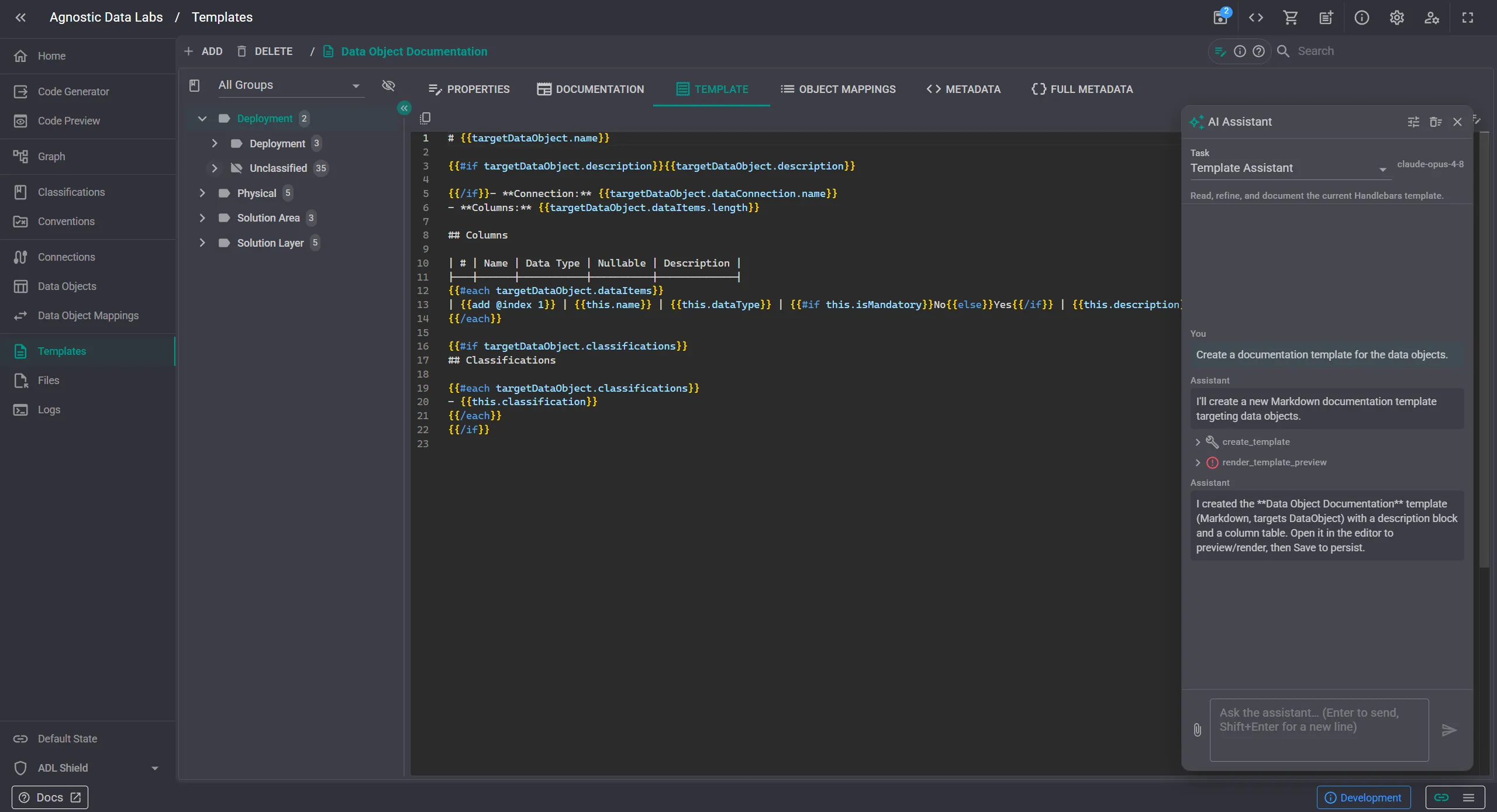 The Templates screen in ADL with the Template Assistant panel open on the right — the user asked the assistant to create a documentation template for Data Objects, and the assistant has run two tool calls (create_template, revise_template_preview) and produced a runnable Markdown template